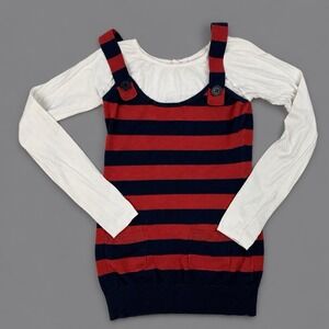 Y2K Layered Striped Top Red Navy Derek Heart Pinafore